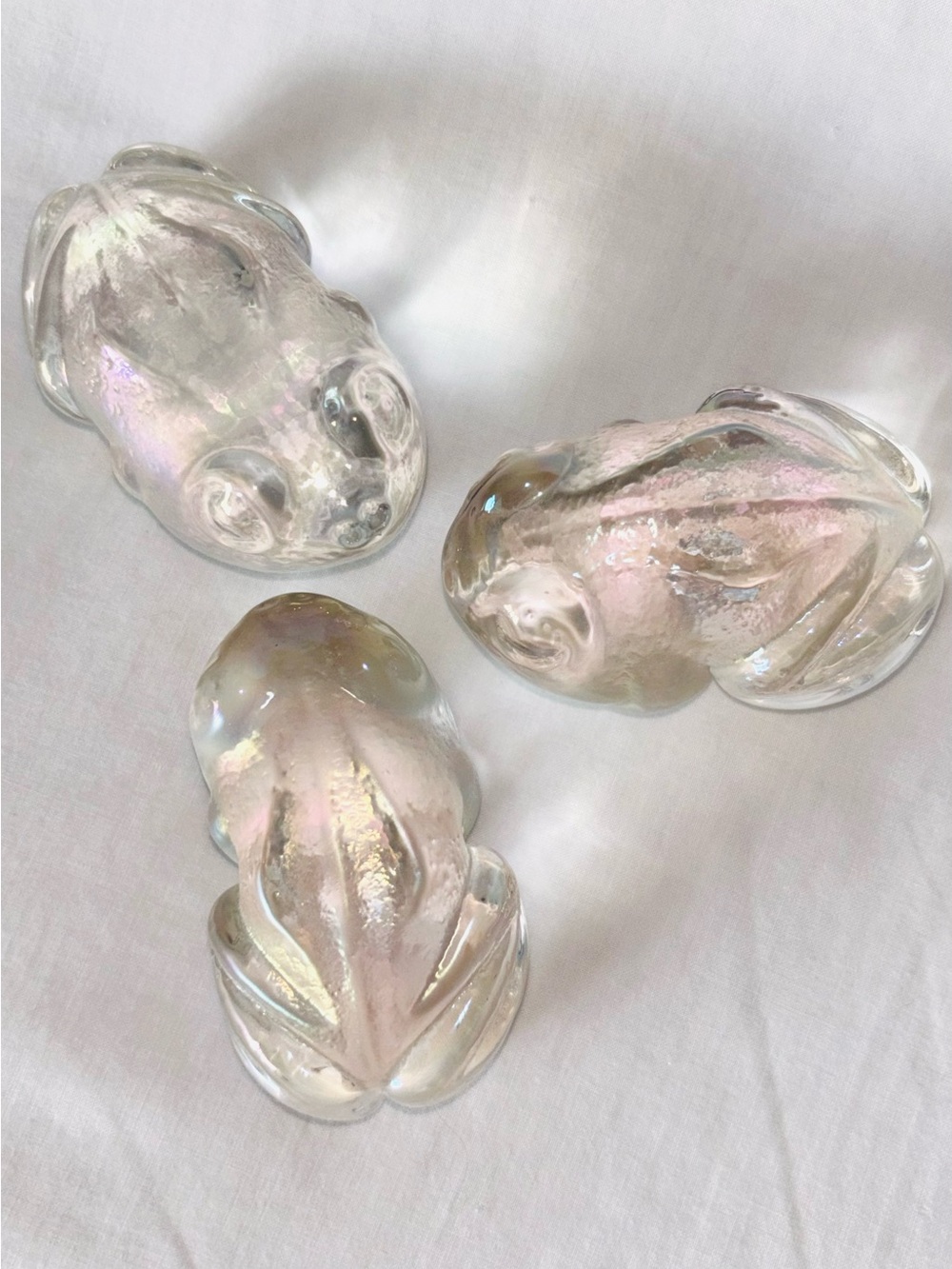 Robert Held BC Art Studio Glass Frog Set of 3 Clear Iridescent Paperweight